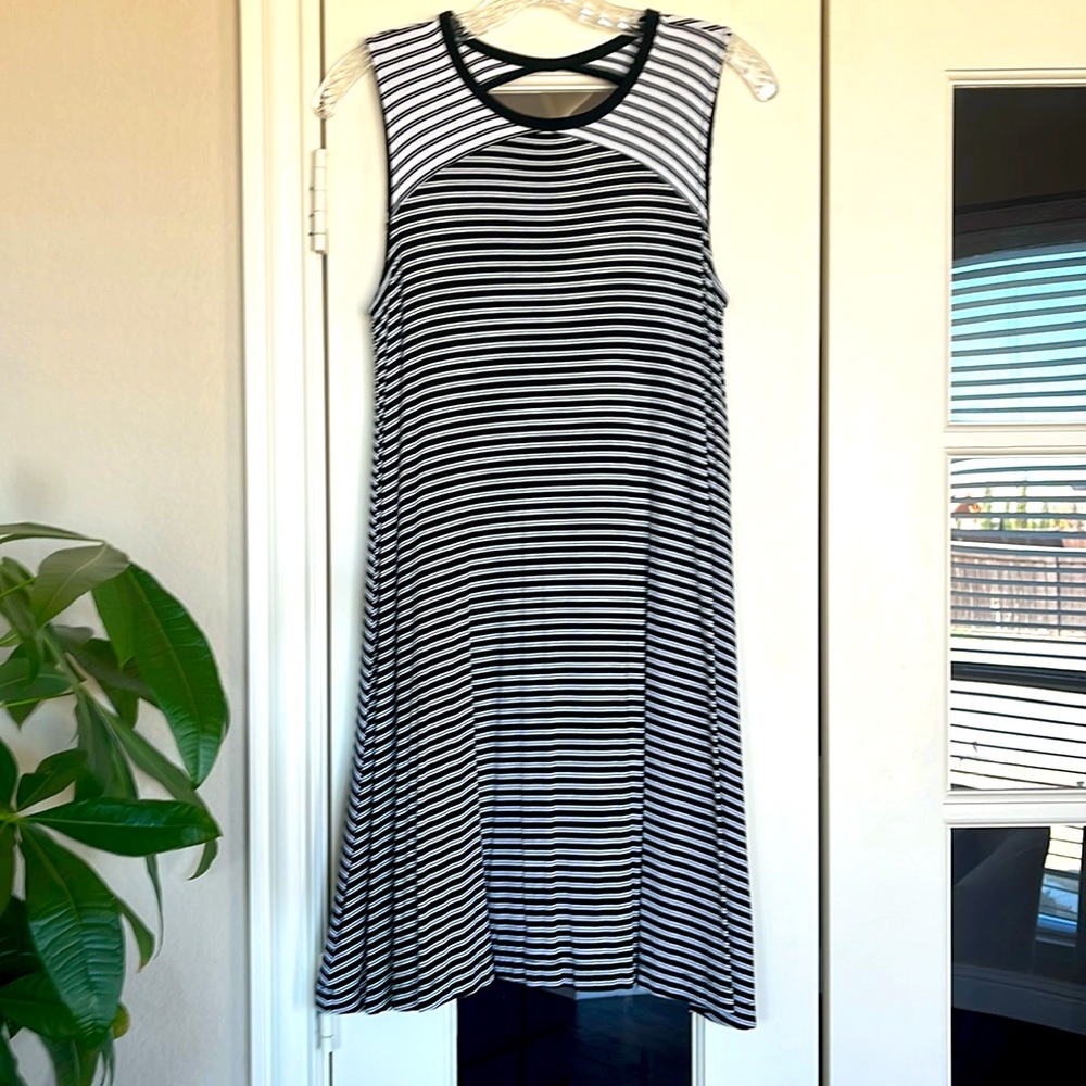 Gap black & white striped high neckline back cutout tank dress, Small
